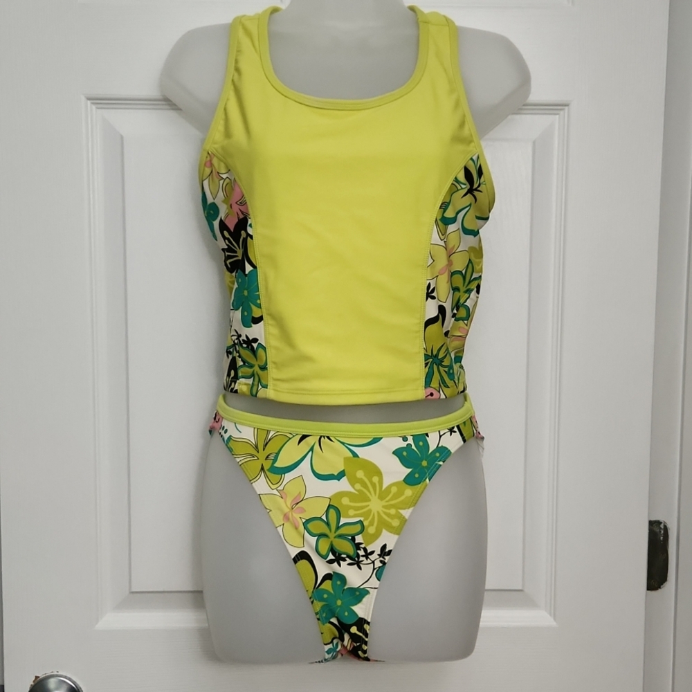 Mysterioso Racerback Tankini Top (M) and Swim Bottom (S), Neon green floral